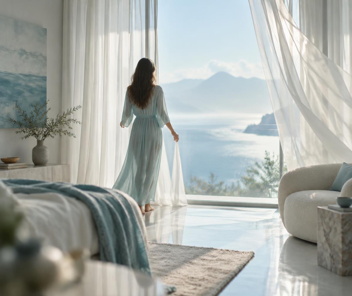 Mulher de pé diante da janela com cortinas claras ao vento e vista para o mar